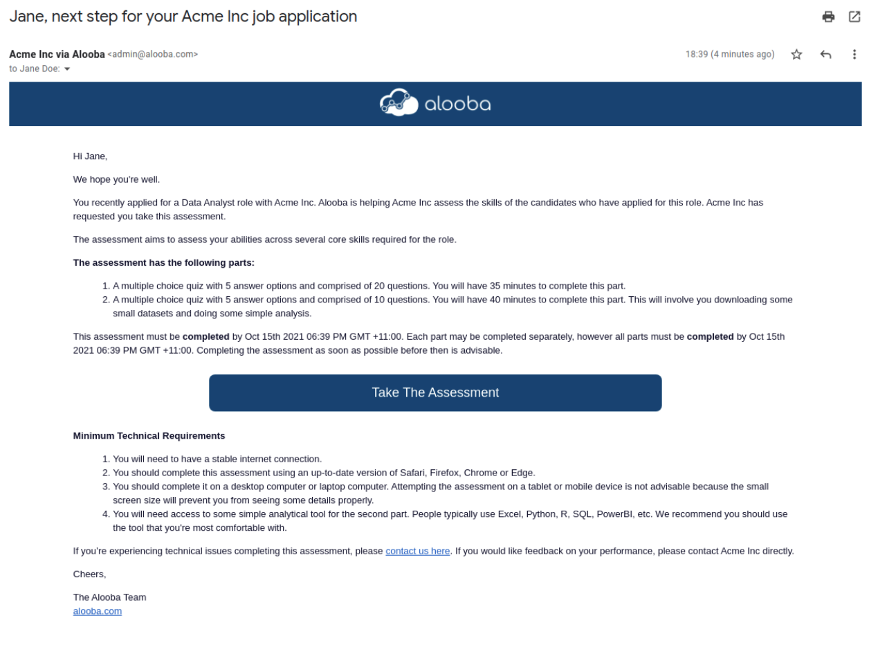 Alooba email invitation with take the assessment button.