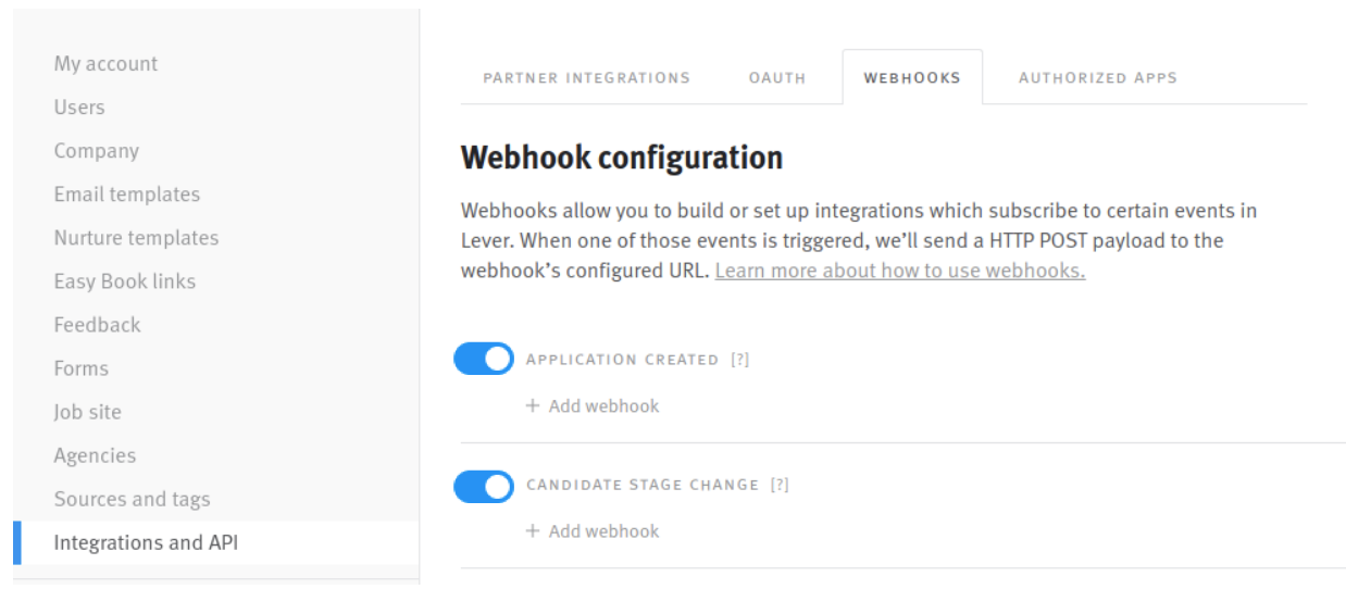 Lever webhook configuratiokn page with application created and candidate stage change toggles on green.