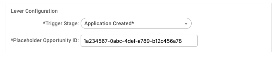 Cangrade ATS integration settings with trigger stage and placeholder oportunity ID chosen