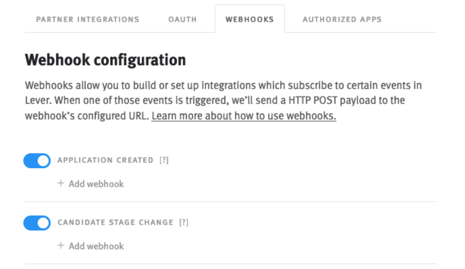 Lever webhook configuration tab with application created and candidate stage change toggles on