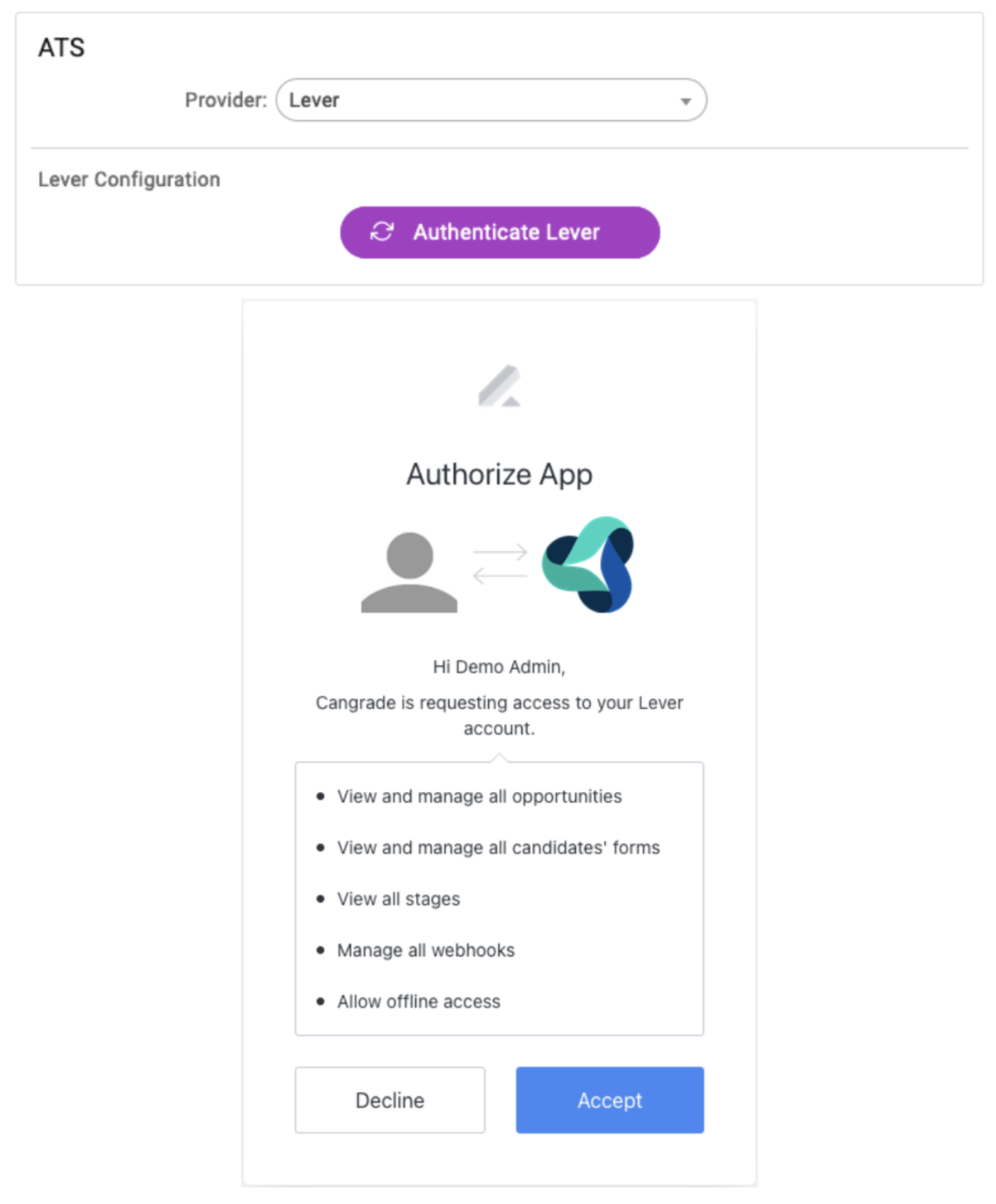 Cangrade integration authorize app modal with list of permissions and blue accept button