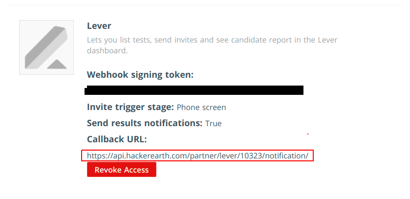 Integration configuration fields in HackerEarth with callback URL outlined