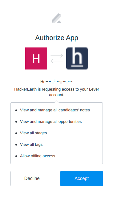 App authorization modal with listed permissions