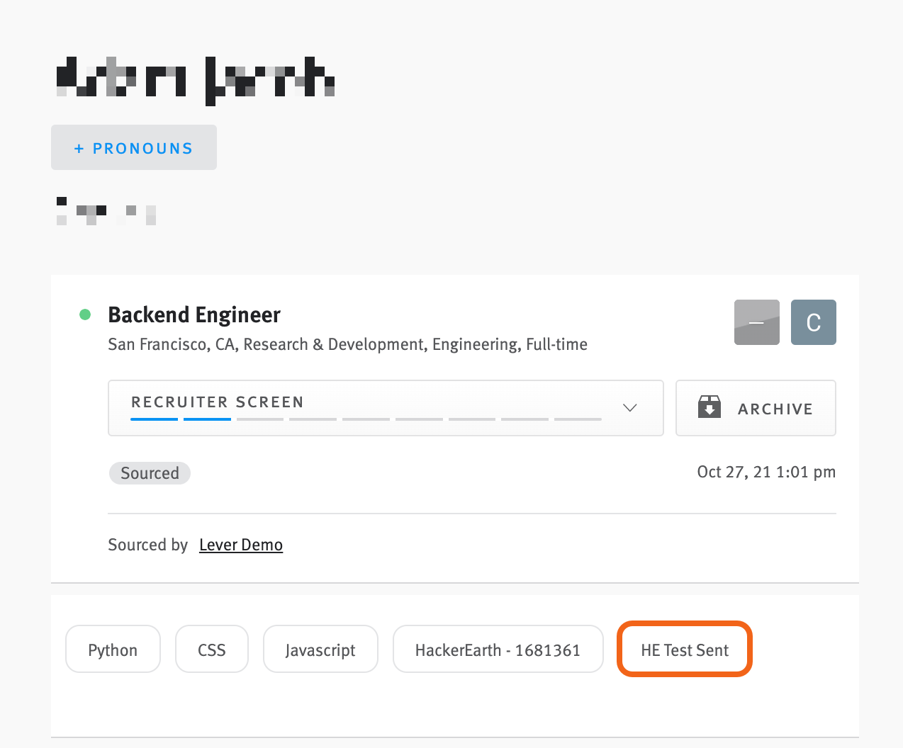 HE Test Sent tag outlined on candidate opportunity profile
