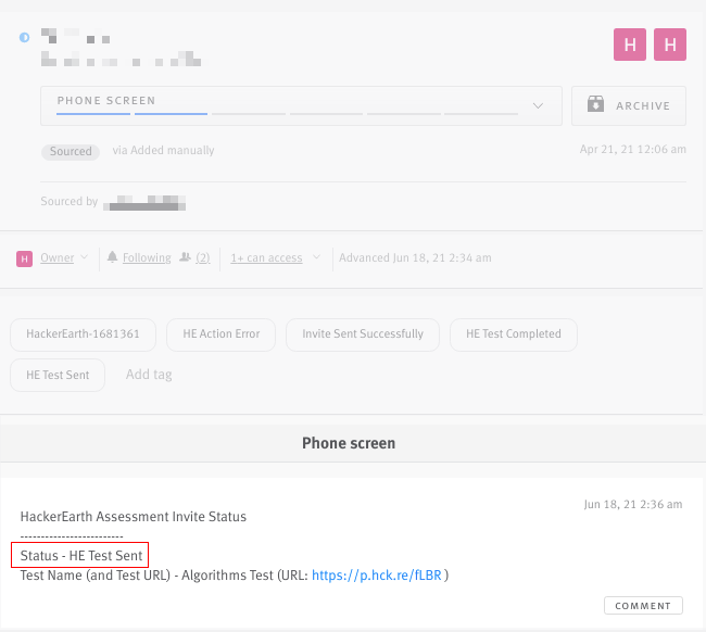 HackerEarth assessment invite status on candidate story