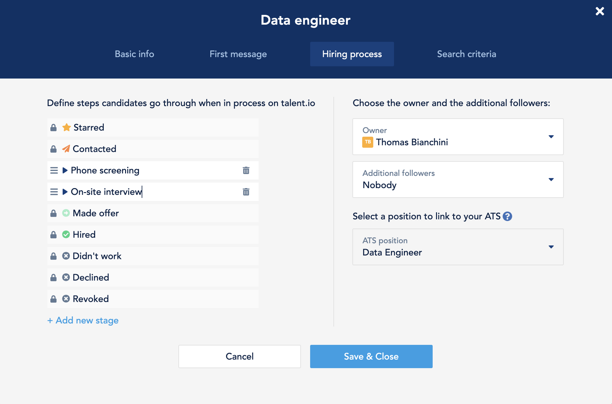 Hiring process tab on job position in talent.io