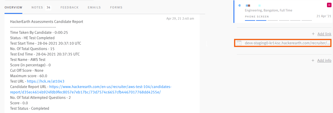 HackerEarth test on candidate story and test link outlined