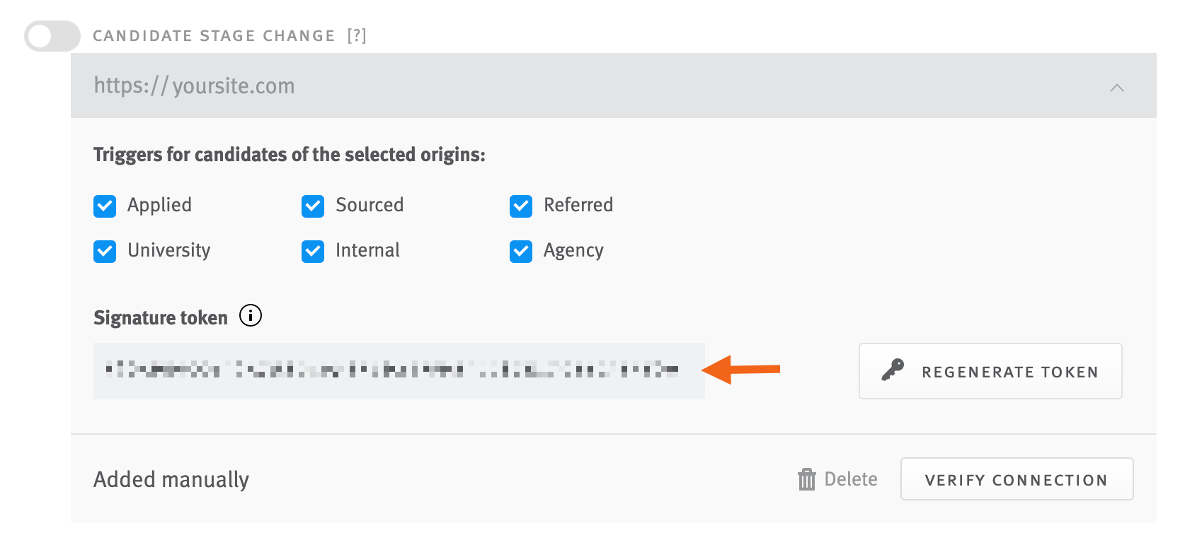 Candidate Stage Change webhook tile in Lever with arrow pointing to signature token