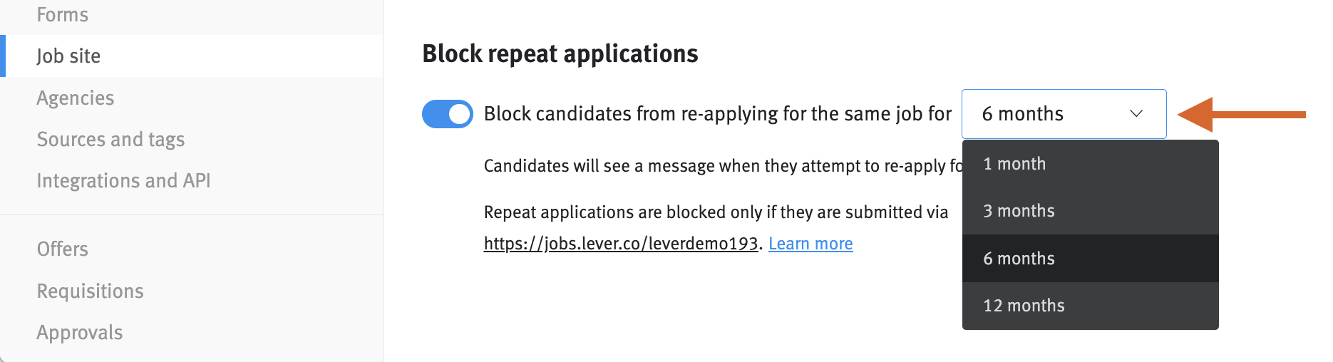 Block repeat applications settings with arrow pointing waiting period options