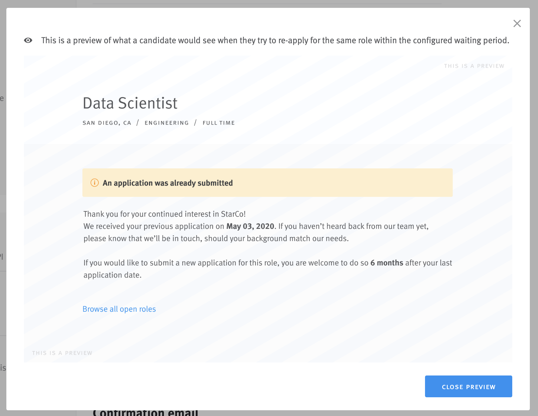 Blocked candidate preview message