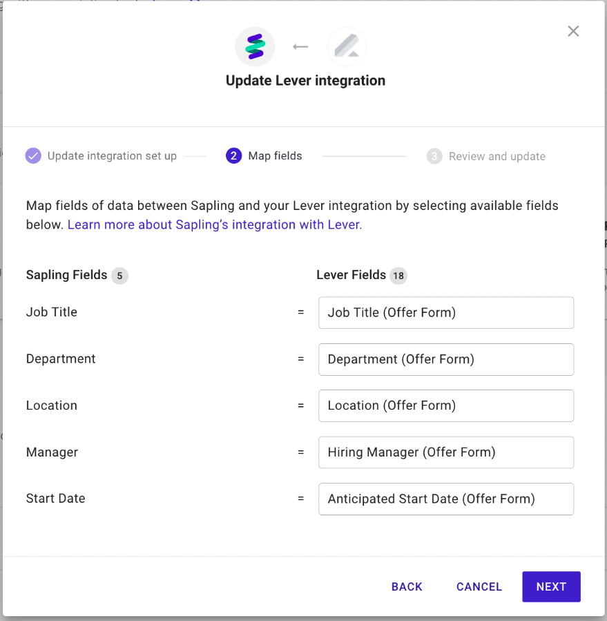 Saping to Lever field configuration modal