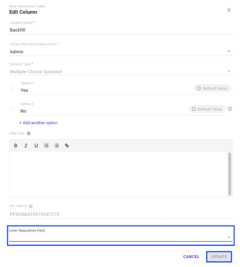 Role Information fields in Sapling with Lever Requisition Field outlined.