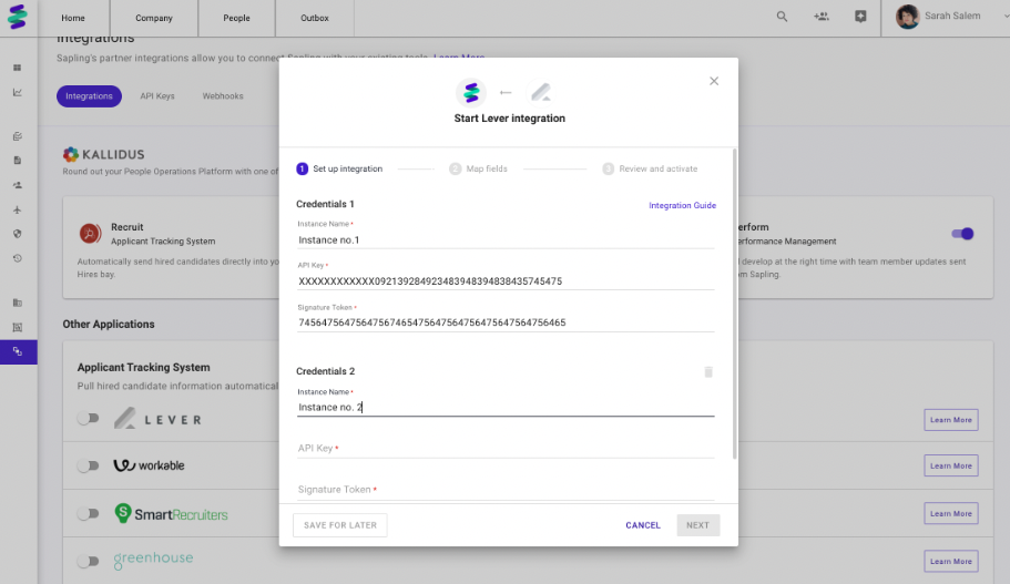 Lever integration management modal in Sapling with fields for API keys and signature tokens for multiple instances.