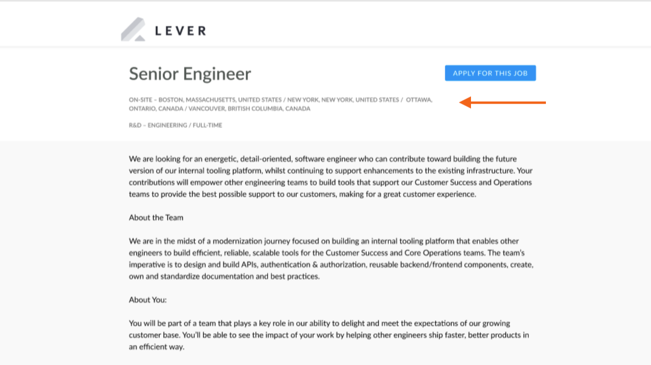 Lever punlished job posting with arrow pointing to four listed locations