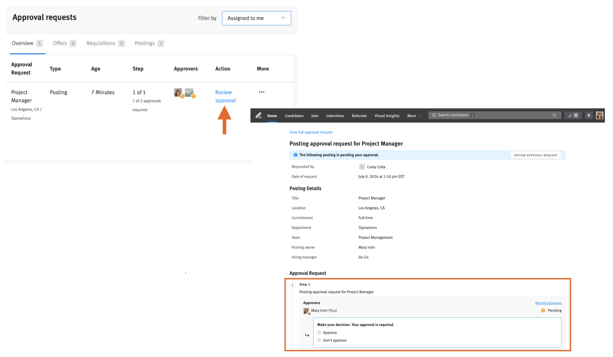 approval request widget on home dashboard and approval request page.