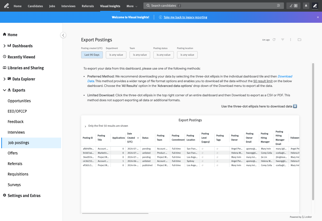 Exports page in Visual Insights with navigation menu expanded and Exports option highlighted on hover