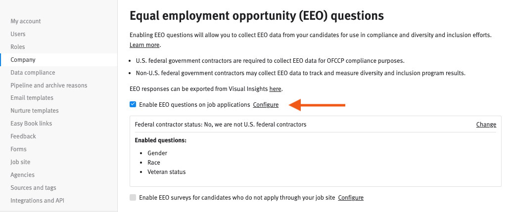 Lever company settings showing Equal employment opportunity section with arrow pointing to Enable EEO questions on job applications checked blue.