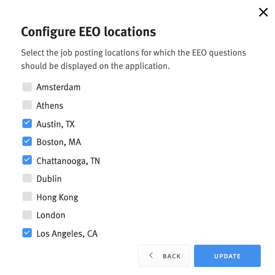Configure EEO locations section in Lever Company settings with four locations checked blue.