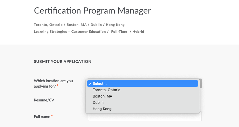 Lever application page with which location are you applying for with dropdown location list showing multiple locations.