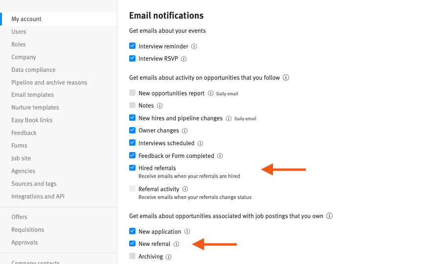 Lever email notifications settings with arrows pointing to Hired referrals, Referral activity and New referral in the checklist.