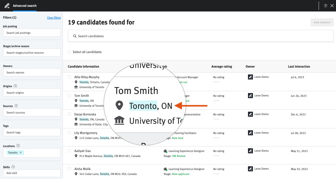 Advanced search page with arrow pointing to Toronto highlighted in blue.