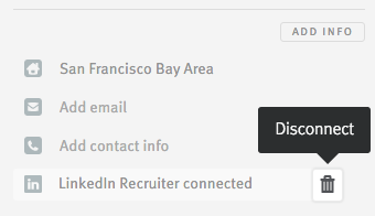 Trash can button revealed on hover to the right of LinkedIn Recruiter connected link on Lever candidate profile.