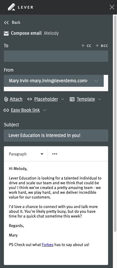 Lever extension open showing email editor.