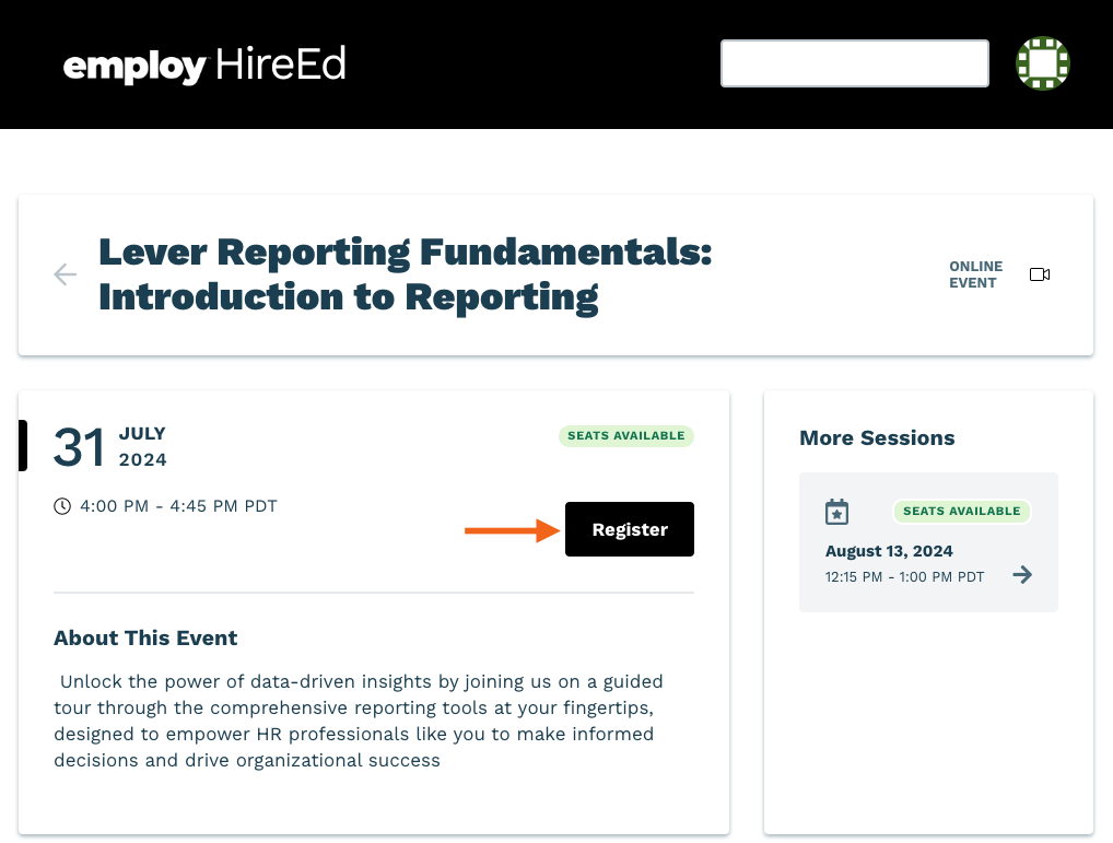 Example of live training registration page.
