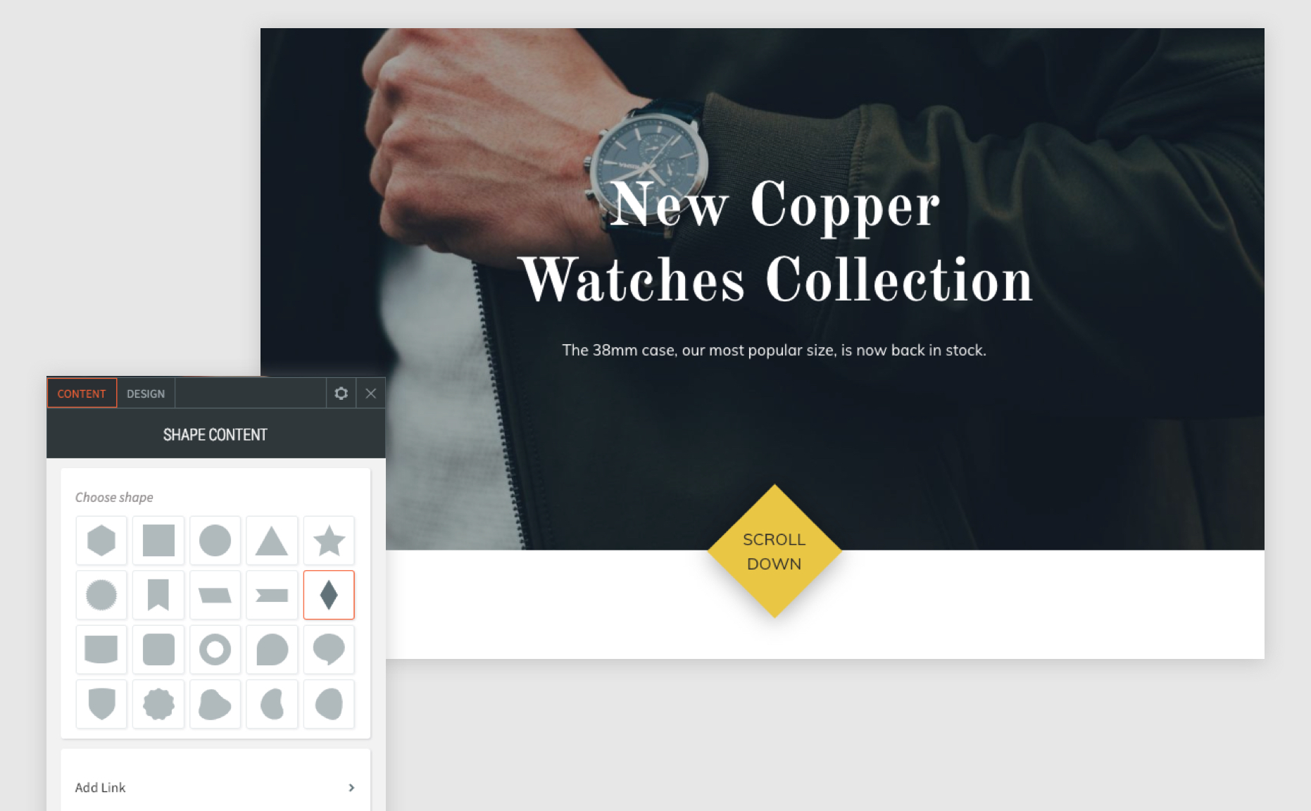 Example of shape being used as a scroll button on a custom site