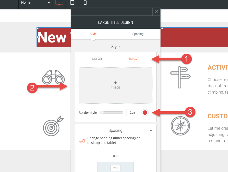 Popup options modal with arrows pointing to different options labelled 1 through 3.