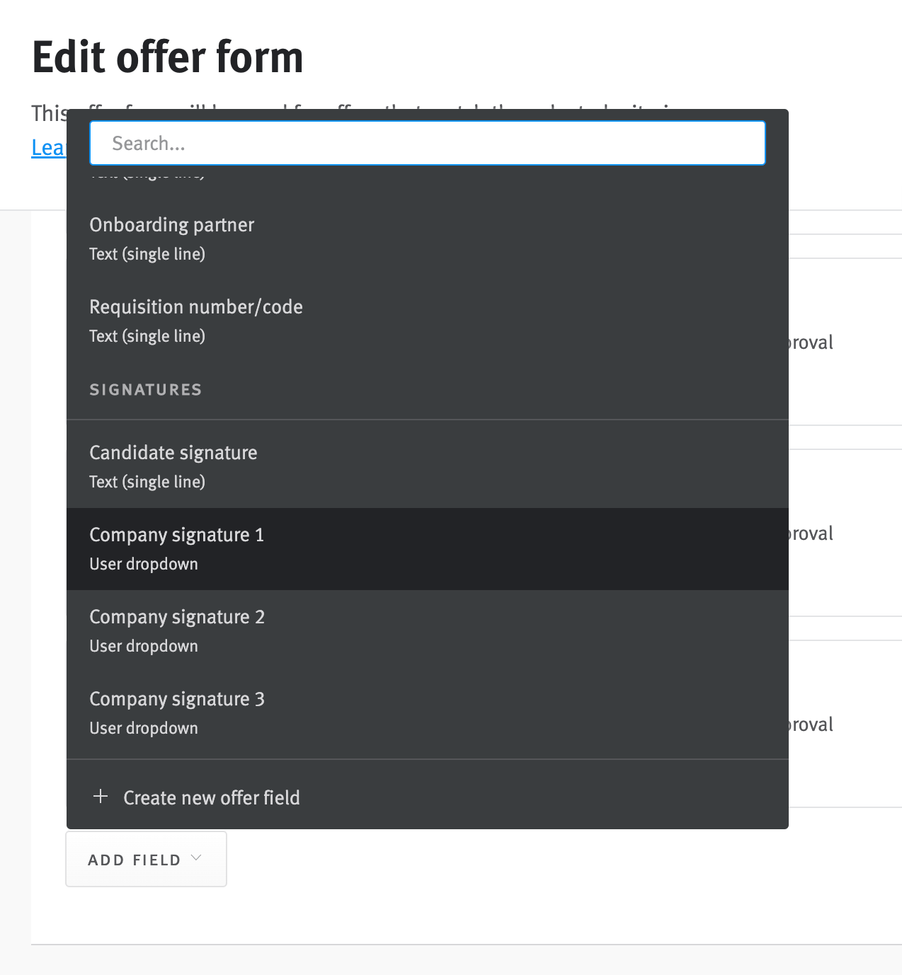 Offer form editor with field menu expanded and company signature field highlighted on hover.