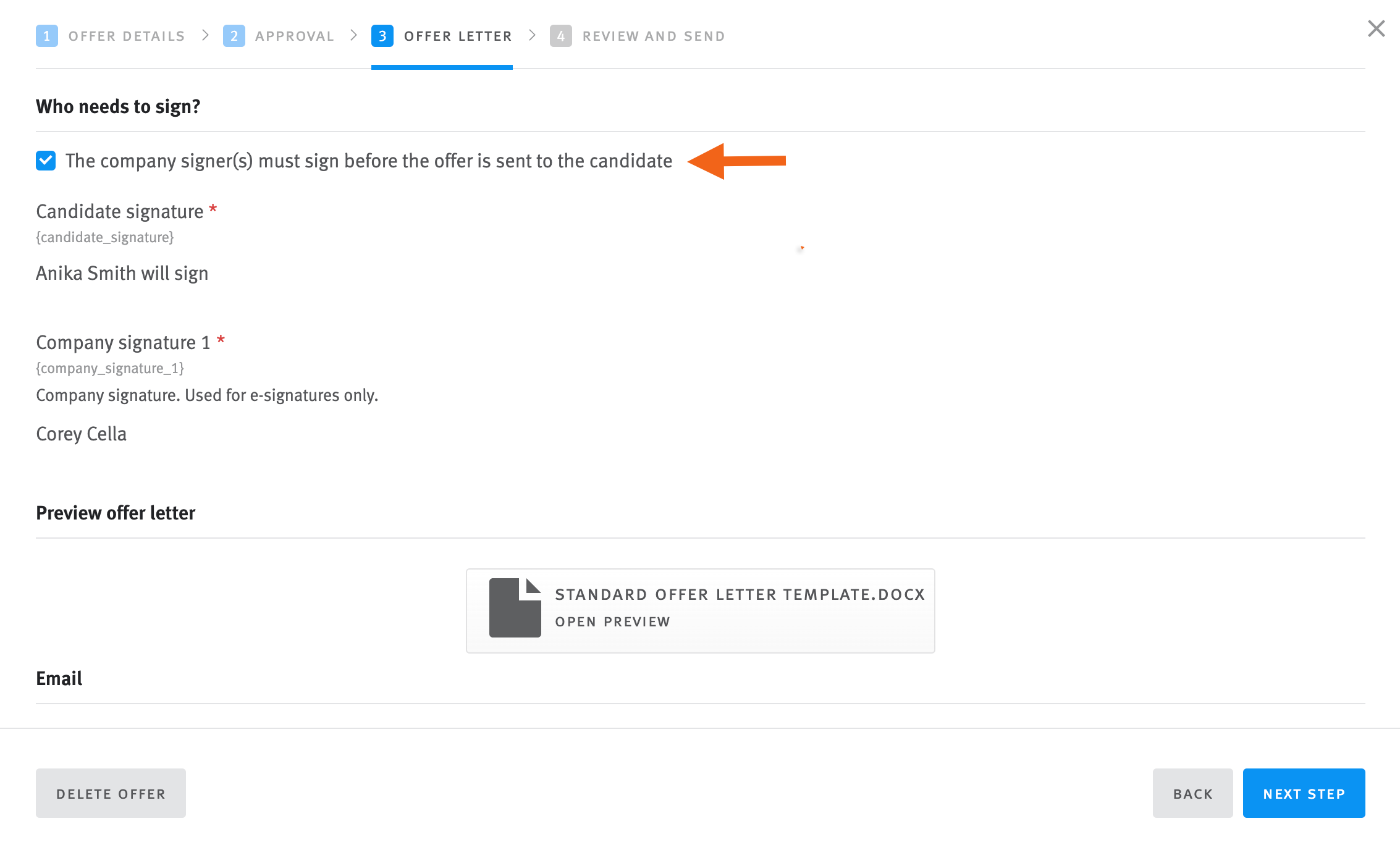 Arrow pointing to checkbox labelled The company signers must sing before the offer is sent to the candidate checkbox in the offer editor