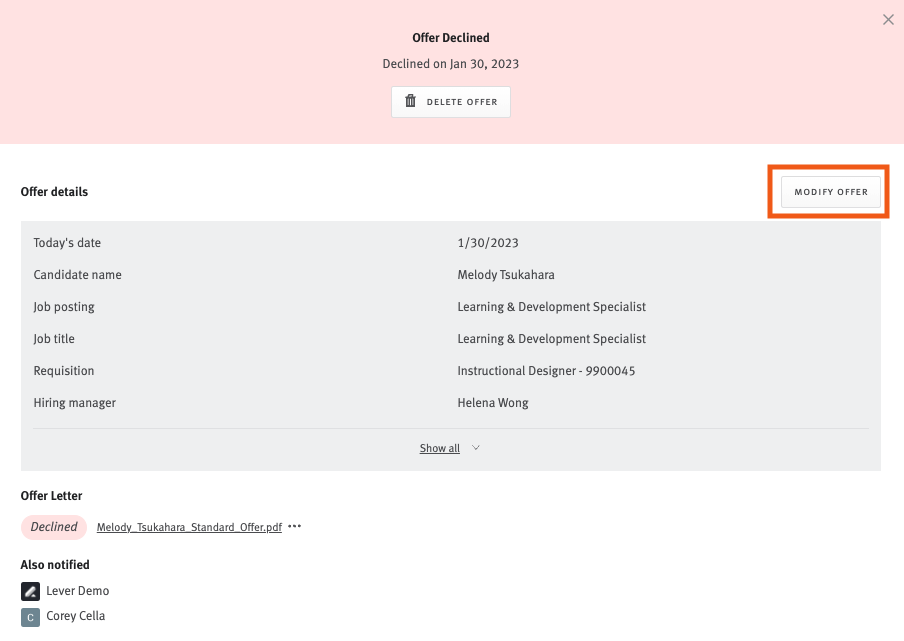 Lever offer declined page with modify offer button outlined.