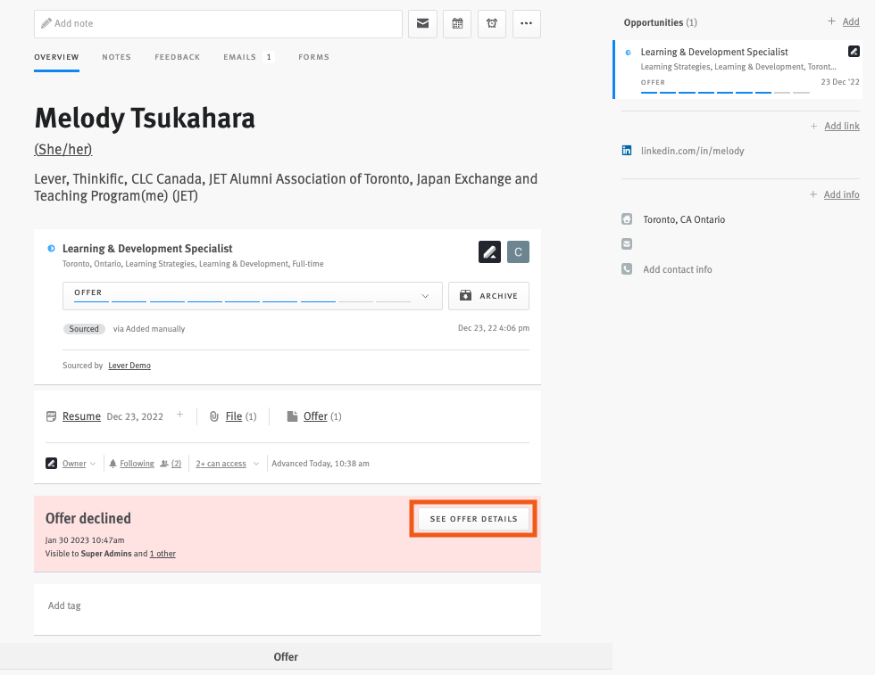 Lever candidate profile with offer declined notice in candidate history, with see offer details button outlined.