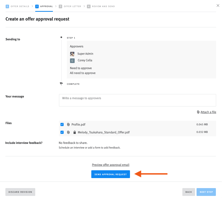 Lever offer approval request page with arrow pointing to send approval request button.