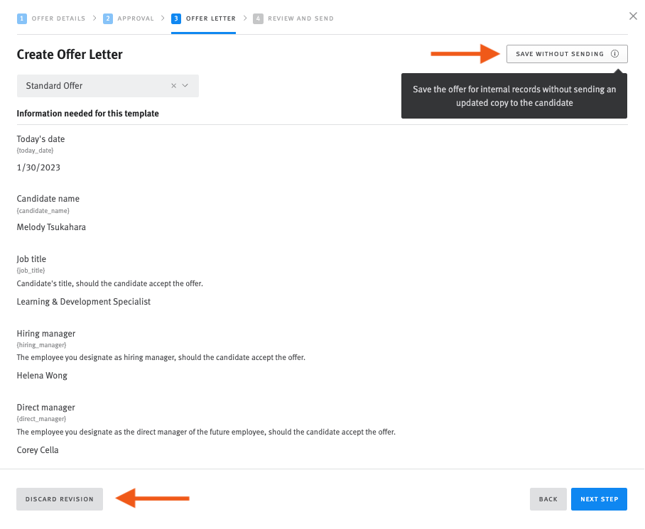 Lever offer letter page with arrows pointing to discard revision button and save without sending button.