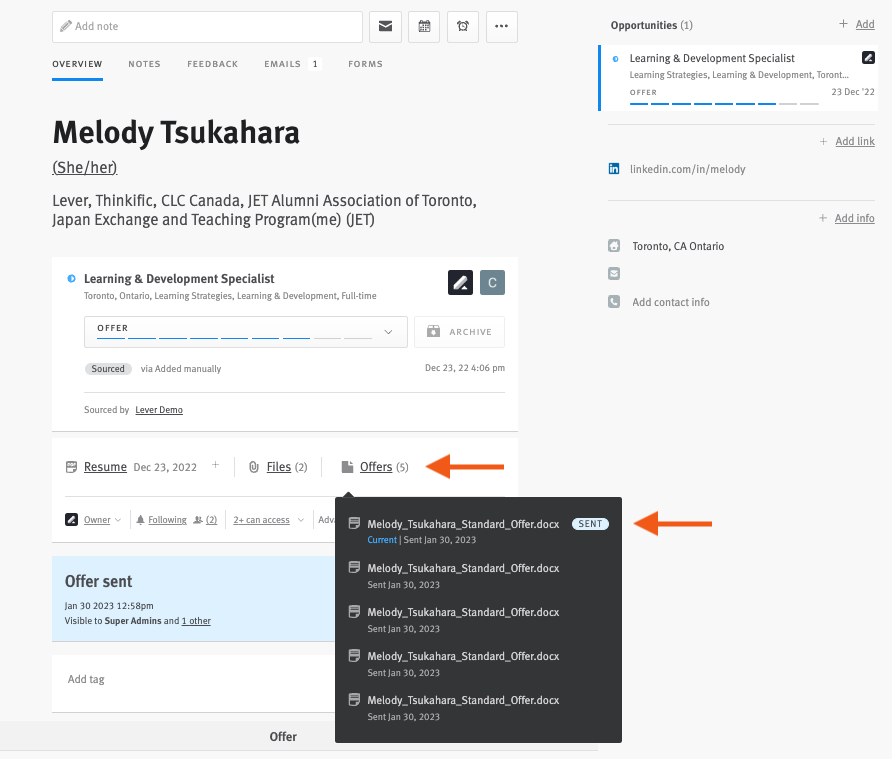 Lever candidate history with arrows pointing to offers button and offers list dropdown.