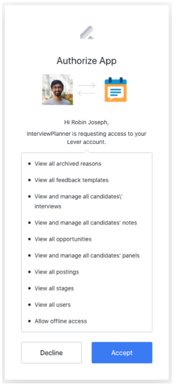Lever and Interview Planner authorization modal showing list of permissions