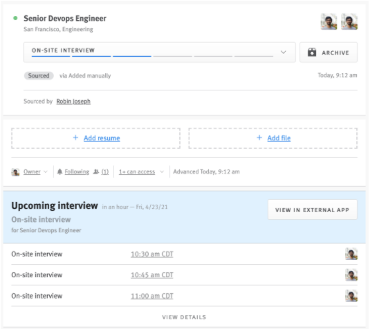 Lever opportunity profile showing upcoming interview scheduled