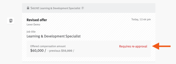 Lever candidate history showing revised offer listing and arrow pointing to requires re-approval text.