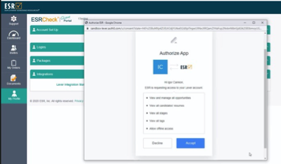 Lever and ESR authorize app modal showing list of permissions