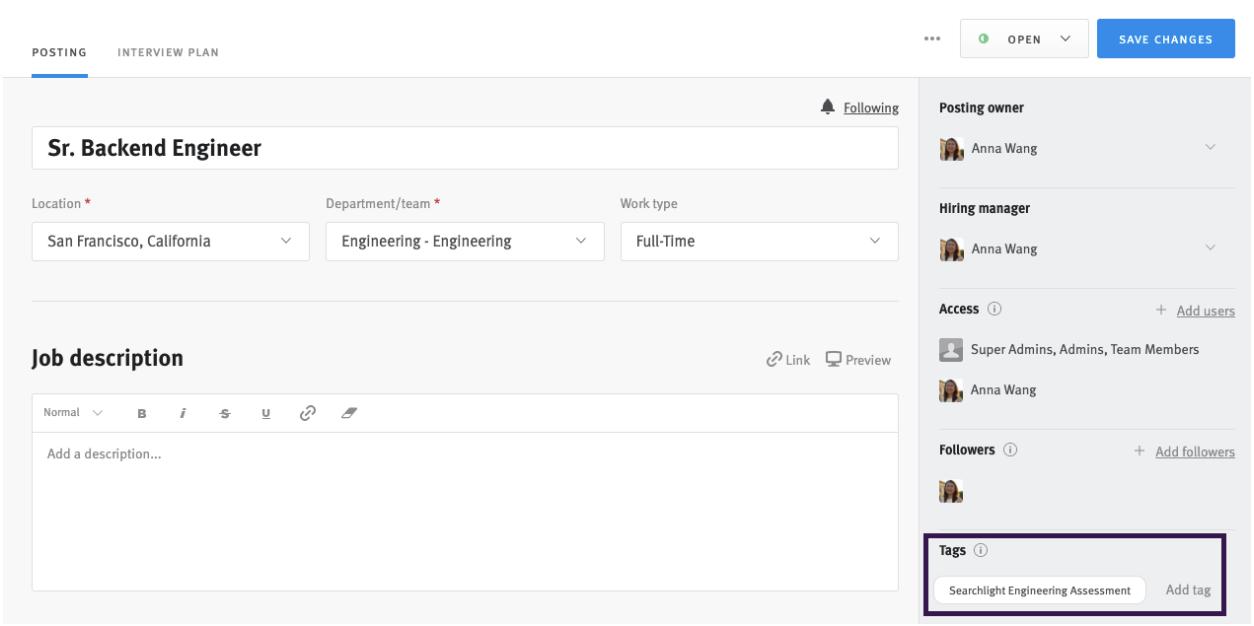 Lever job editor with tag section outlined