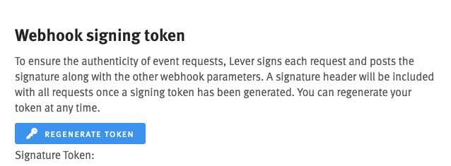 Lever settings Webhook signing token section with blue regenerate token button.
