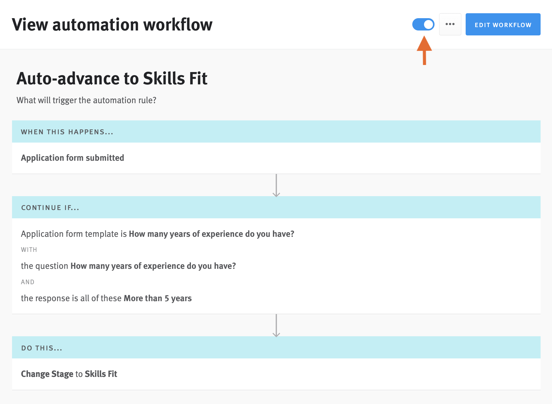Close up of automation workflow editor with arrow pointing to activation toggle.