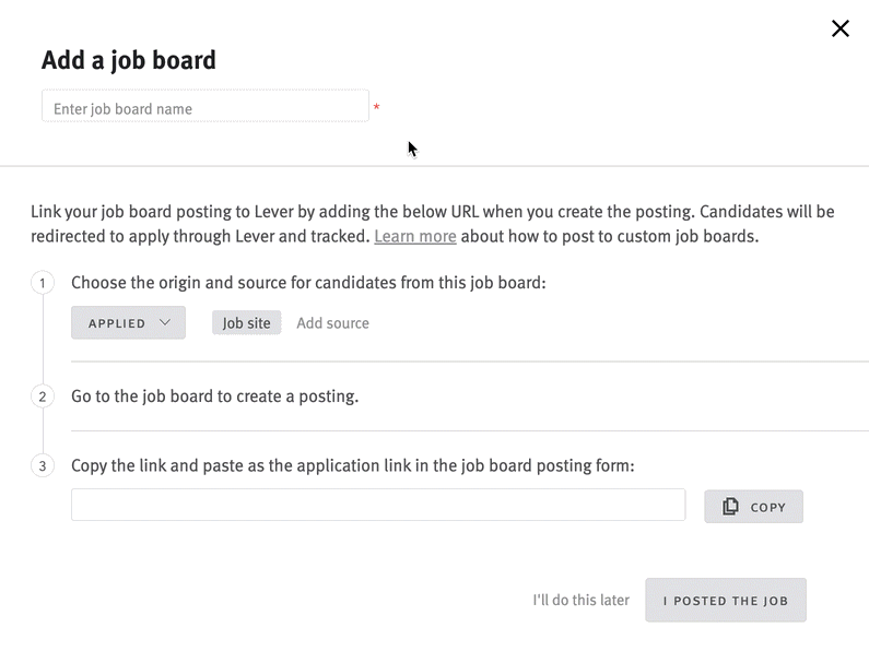 Custom job board menu expanded and then name of custom job board typed into field.