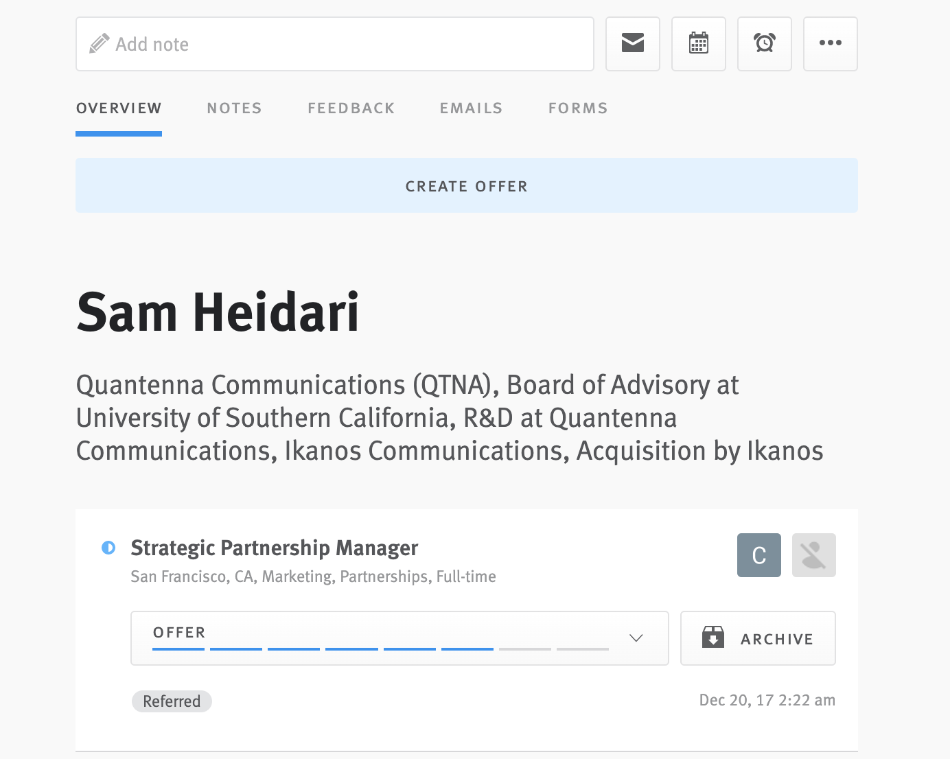 Close-up of opportunity profile with Create Offer call to action button at the top.