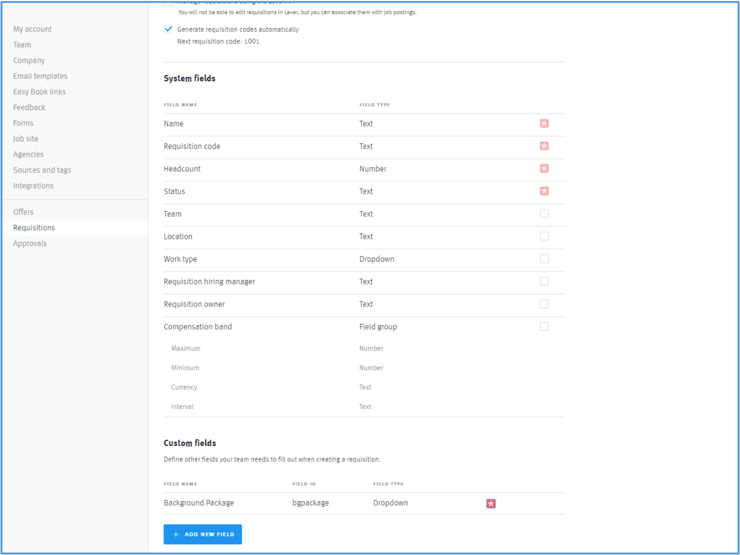 Lever settings requisitions page showing system fields section.