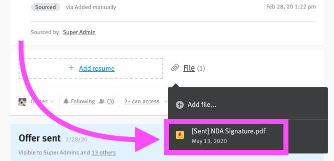 Close-up of file menu on candidate profile with sent document listed.