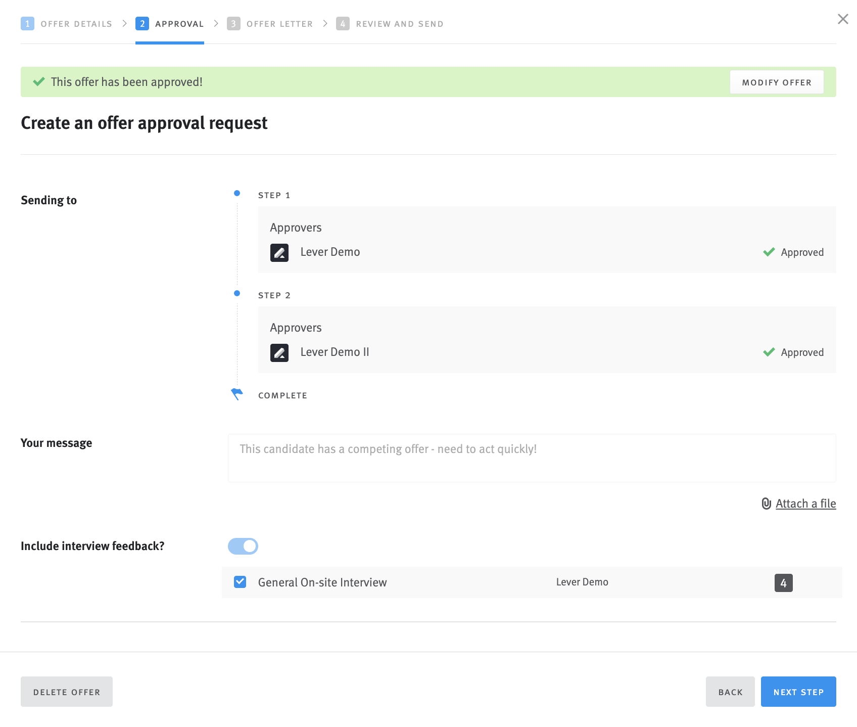 Offer generation modal showing that the offer has been approved by all approvers.