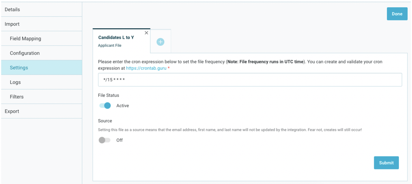 Yello settings to set file frequency